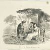 Young couple seated on a bench, while an old woman reads the palm of the young lady.