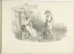 Shepherd and young woman by a fountain.