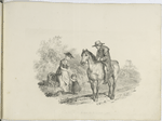 Man on horseback speaking to a woman and child by the roadside.