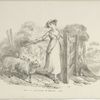 Shepherdess leading sheep through a gateway.