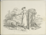 Shepherdess leading sheep through a gateway.