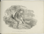 Boy playing a pipe in a landscape.