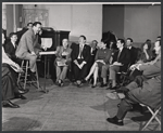 Sam Levene, Theodore Bikel, Brenda Lewis, Tommy Rall, Alan Alda and ensemble in rehearsal for the stage production Cafe Crown