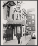 Publicity photograph of Harold Pinter in front of the Cherry Lane Theatre