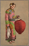 Girl in traditional dress holding Chinese lantern.