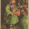 Chinese child with fan, standing next to vase.