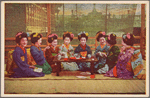 Maiko in screened pavilion, practicing sake service.