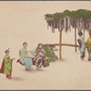 Women under wisteria trellis.