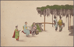 Women under wisteria trellis.
