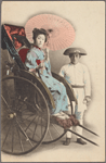 Studio portrait of young woman in ricksaw posed with driver.