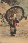 Woman with large parasol carrying child and jar.