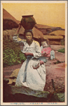 Woman carrying water jar and baby.