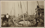 Fishing boats moored along wharf.
