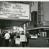 Actors Equity Association members picketing beneath marquee of Fiddler on the Roof, Majestic Theatre.