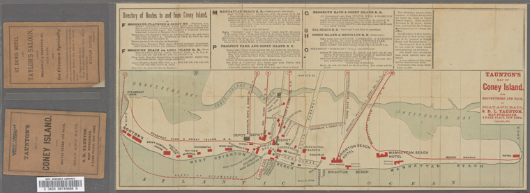 Taunton's map of Coney Island with routes there and back by boat and rail, 1879