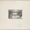 Interior of room with man seated at table and woman coming down stairs