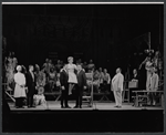 Judy Holliday [center], Joseph Campanella [holding Holliday at left], Arny Freeman [far left in white jacket], Howard Freeman [right in white suit], George Furth [second from right holding briefcase] and ensemble in the stage production Hot Spot