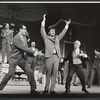 Rudy Vallee [left], Charles Nelson Reilly, Robert Morse [center] and ensemble in the stage production How to Succeed in Business Without Really Trying