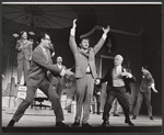 Rudy Vallee [left], Charles Nelson Reilly, Robert Morse [center] and ensemble in the stage production How to Succeed in Business Without Really Trying