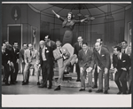 Ruth Kobart (top); Robert Morse, Rudy Vallee, and Paul Reed (center); and ensemble in the stage production How to Succeed in Business Without Really Trying