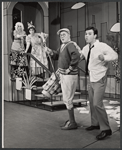 Rudy Vallee, Darryl Hickman [right] and ensemble in the stage production How to Succeed in Business Without Really Trying