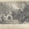 A man standing in front of a woman and child fighting off dogs