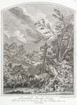 Kämpffende Brunfft Hirsche Nach der Natur in der Grün Au bey Neuburg Anno 1722 gezeichnet.