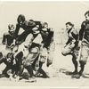 Eckersall of Chicago, teaching his backs to practice hurdling, when hurdling was allowable. Eckersall is the figure second from the right, with his leg drawn up, coaching.