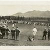 Golf match at Lake Placid Club, 1923 : Hagen and Kirkwood, Godschaux and Dunn, at the 11th green, North Long Course. In the background is the Sentinel Range.