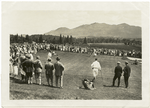 Golf match at Lake Placid Club, 1923 : Hagen and Kirkwood, Godschaux and Dunn, at the 11th green, North Long Course. In the background is the Sentinel Range.