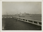 View of the New York skyline from the observation roof atop one wing of the Immigration Station, Ellis Island.
