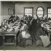 Uncle Sam, host. Immigrants being served a free meal at Ellis Island.