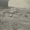 Ellis Island, May, 1902 : a view of the grounds adjoining one of the buildings, stewn with rubble, debris and building materials.