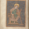 Portrait of Matthew in gold frame on purple background, with gold, green, and other colors, [f. 3v]