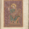 Full-page portrait of Mark in gold frame on purple background, [f. 4r]