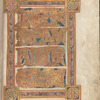 Opening of intertwined lettering in gold, in gold frame on purple and blue: Legenda per anni curriculum, [f. 7r]