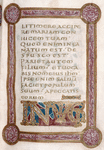 Gold uncial text inside gold, purple and blue frame; decorated letters IN VIGI-