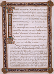 Maundy Thursday?  Frame of gold and purple, with text in gold.  Elaborate 12-line decorated initial I