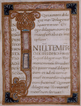 Text in gold, in gold and paint frames.  Large decorated initial