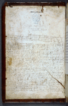 Charter pasted upside down on inside of front cover (but mounted here with original orientation); interlinear modern transcription of the text