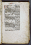 Opening of main text, large initial with penwork, small initial and placefinder, name of book in blue and red. Biblical text written larger than commentary