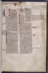 Opening of text. Large puzzle initials, rubric, red daubs and blue marker as placemarkers, marginal notation