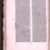 Page of text with 4-line red and blue initial with penwork, chapter number and book name in red and blue, pale yellow daubs as placemarkers, and quire number and catchword