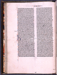 Page of text with 4-line red and blue initial with penwork, chapter number and book name in red and blue, pale yellow daubs as placemarkers, and quire number and catchword