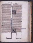 Historiated initials, Hand II, of Joel talking to a group of people. Marginal note in blue ink directs reader to second prologue of Joel at the end, after Interpretations of Hebrew Names