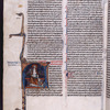 At the opening of Apocalypse, historiated initial by Hand I of John, as if asleep in his vision of Christ with the two-edged sword in his mouth. Note in blue ink for locating prologue