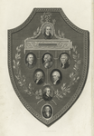 Shield with inset portraits of Franklin, Jefferson, Adams, etc.