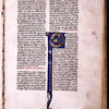 Opening of text (begins mid-sentence).  Large initial with human face.  Rubrics.  Book name and chapter number in red and blue