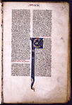 Opening of text (begins mid-sentence).  Large initial with human face.  Rubrics.  Book name and chapter number in red and blue