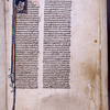 Opening of text, with large illuminated initial showing Jerome writing. Rubric, red placemarkers, and name of text in red and blue